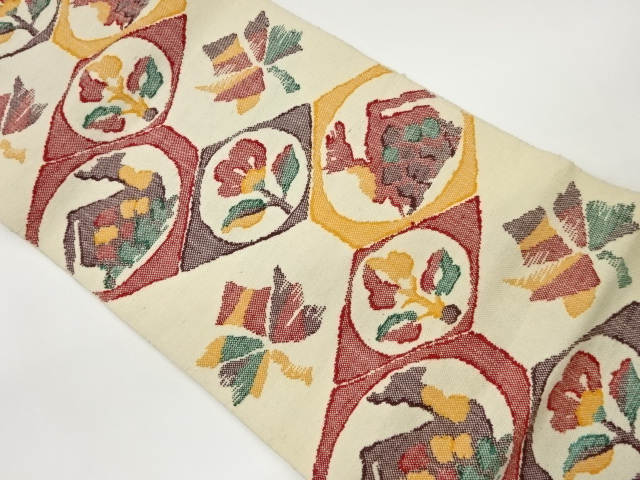 手織り紬菱に草花・有栖川模様織出し名古屋帯